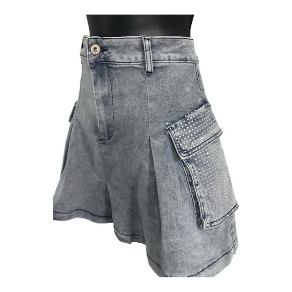 A-line crystal embellished rhinestone utility cargo style mini denim jeans skirt - Picture 5 of 15